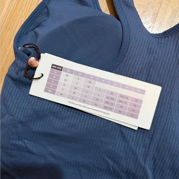 Women's Blue Ribbed workout top with Sports Bra - Picture 3 of 6